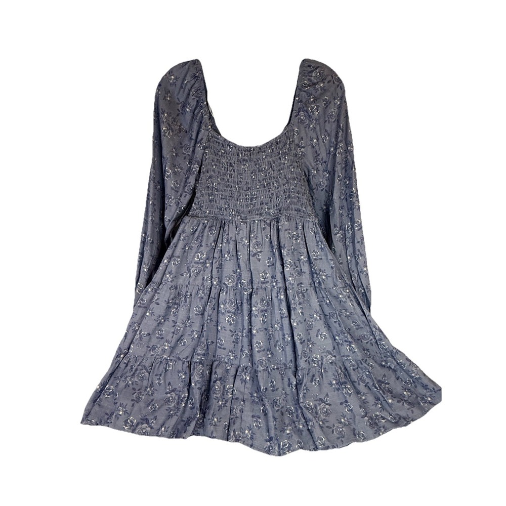 Trixxi Women's Blue White Floral Puffed Long Sleeve V-Neck‎ Mini Dress Size L - Picture 6 of 9